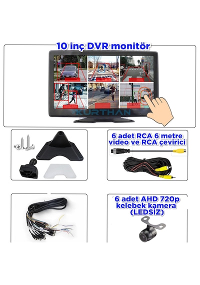 6 Ch 10 İnç 512 Gb Dokunmatik Usb Bsd Dvr Ekran Ledsiz Kelebek Kamera 170'' Ahd 720p Rca 12 Volt