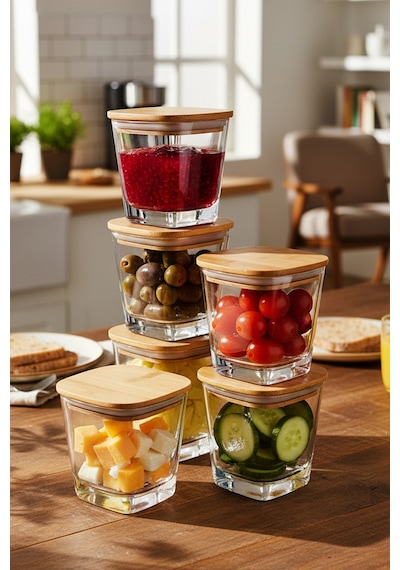 Elite - 6'lı Bambu Kapaklı Vakumlu Cam Kahvaltılık Çok Amaçlı Cam Çerezlik 300 Ml Şeffaf