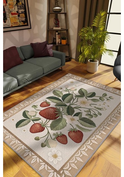 Homshtag Art Deco Çilek Desenli Halı Bitki Temalı Krem Renk Modern Çilek Desenli Dijital Baskı Halı Çok Renkli