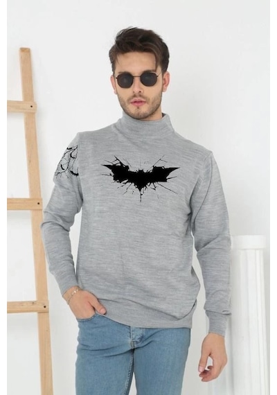 Assema Unisex Yarım Boğazlı Baskılı Dokuma Triko -gri Çok Renkli