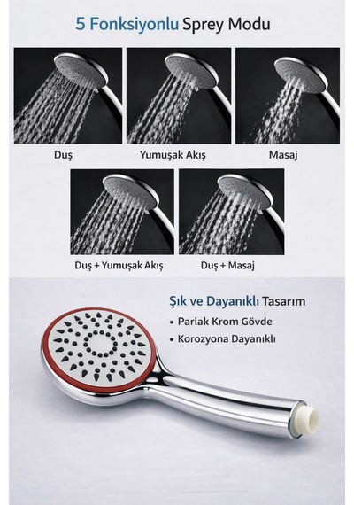 5 Fonksiyonlu Duş Başlığı Bordo Sac Diğer