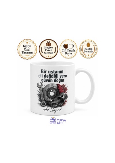 Oto Tamircisi Motor Fren Balatası Araç Altı Temalı Baskılı Kupa Bardak Hediye Beyaz / Çok Renkli