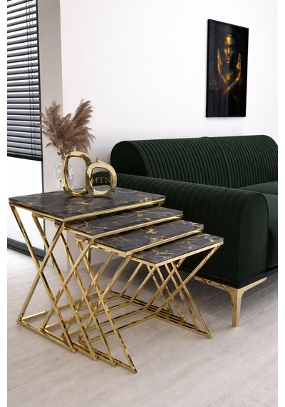 Masal 4'lü Zigon Gold Kaplama Siyah Mermer Mdf Mebran