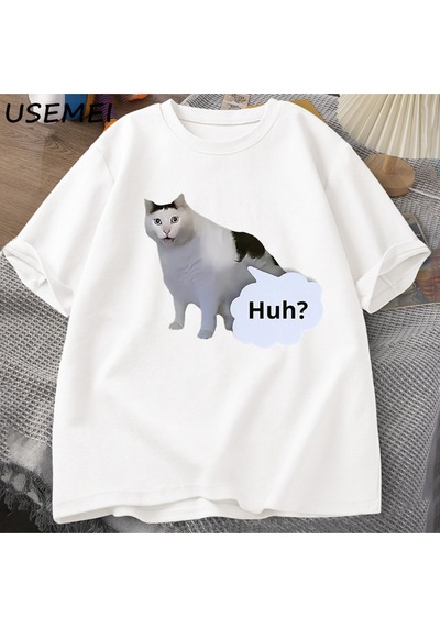 Flood Of Style Huh Kedi Komik Meme T Shirt Erkek Kadın Absurd Weirdcore T-shirt Rahat Yuvarlak Boyun Pamuk K Beyaz