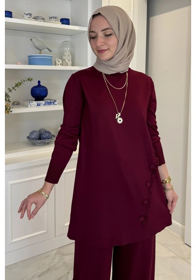 Rabia Şamlı Feryal Pantolonlu Triko Takım Bordo Normal