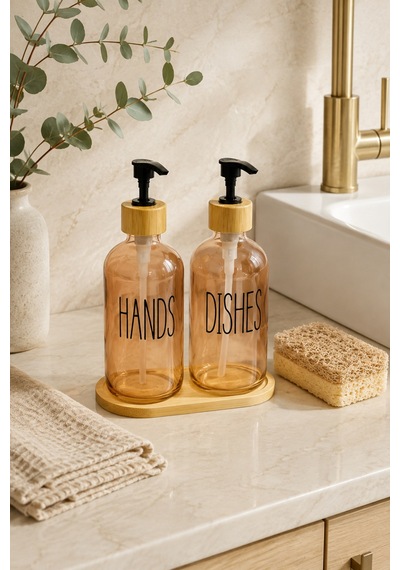 Relly Bambu Standlı İkili Cam Sabunluk Seti 2 X 500 Ml Hands & Dıshes Turuncu