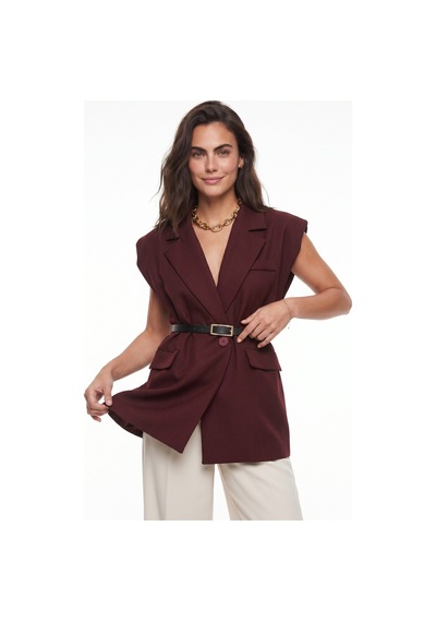 Onloox Kadın Bordo Bordo Pamuklu Karışım Oversize Vatkalı Cep Detaylı Kemerli Astarlı Blazer Yelek
