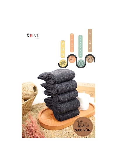 Kral Socks Miss Lana Ladies Socks Lambswool Özel Kuzu Yünlü Termal Kadın Kışlık Yün Çorap 5 Çift Siyah