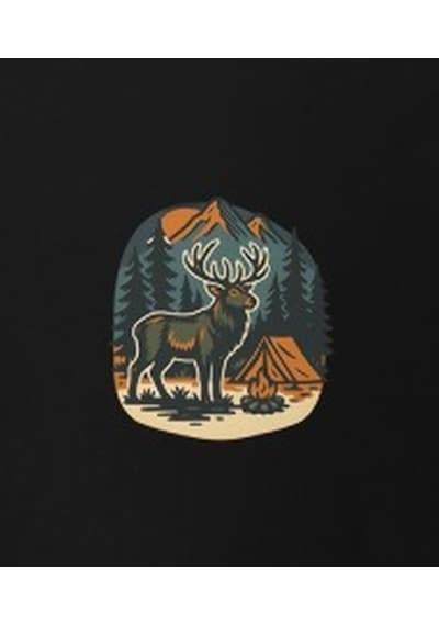 Wildstyle Geyik Renkli Vintage Yaban Hayat Doğa Orman Dağ Baskılı Unisex Bisiklet Yaka Pamuklu Tişört Siyah