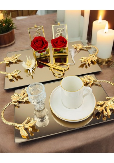 Amour Gold Lüks Swarovski Söz Nişan Tepsisi Bronz Bronz