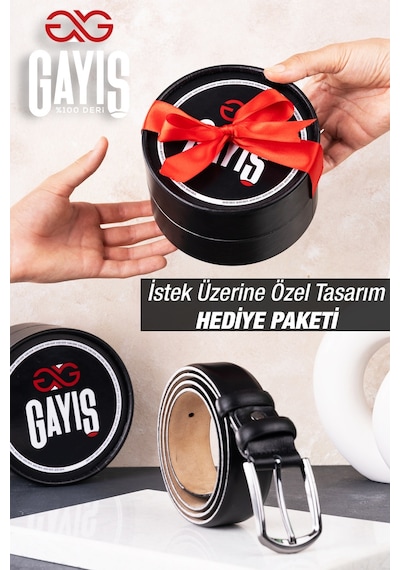 Gayış Özel Oval Kutulu Hakiki Manda Derisi Klasik Siyah Erkek Kemer Siyah