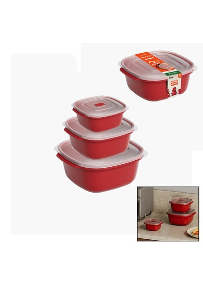 3 Pcs Kırmızı Kare Saklama Kabı Set 550-1100-2200ml 5492