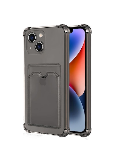 Apple Uyumlu iPhone 15 Kılıf Darbe Emici Köşe Korumalı Kartlıklı Cüzdanlı Silikon Kapak - Füme
