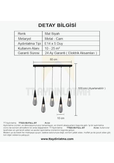 Tt023-5s-full-sy Tt Ayd Full Mat Siyah 5 Li Damla Sıralı Avize Mat Siyah