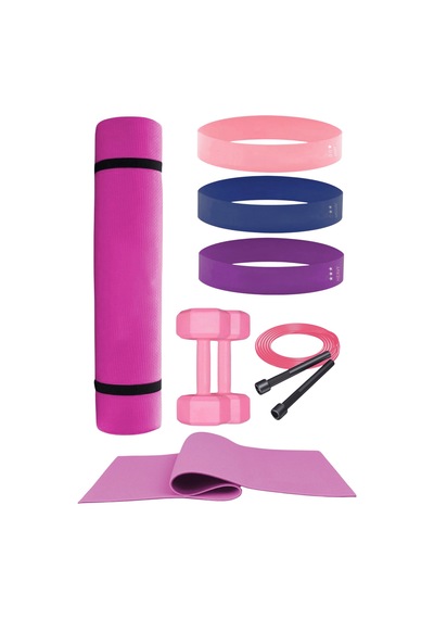Dayanıklı Ve Fonksiyonel Pilates Ve Egzersiz Seti Pilates Minderi, Dambıl, Aerobik Bant, Atlama İpi Pembe