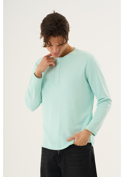 Alexandergardi Waffle Kumaş Düğmeli Yaka Uzun Kollu Sweatshirt Mint