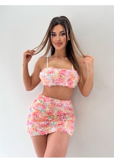 Pink Life Pembe Üç Boyutlu Çiçek Desenli Fermuar Detaylı-pembe