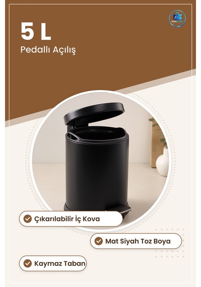 Pedallı Metal Çöp Kovası 5 L Siyah Mat Toz Boya Kaplama Çıkarılab