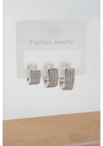 By Zeyna Aksesuar Kadın Vip Seri Zirkon Taşlı 3 Boy 3'lü Küpe Seti-4923 Gümüş