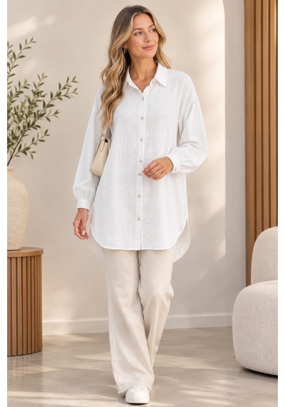 Emila Boutique Kadın Günlük Boho Müslin Gömlek %100 Pamuk Beyaz