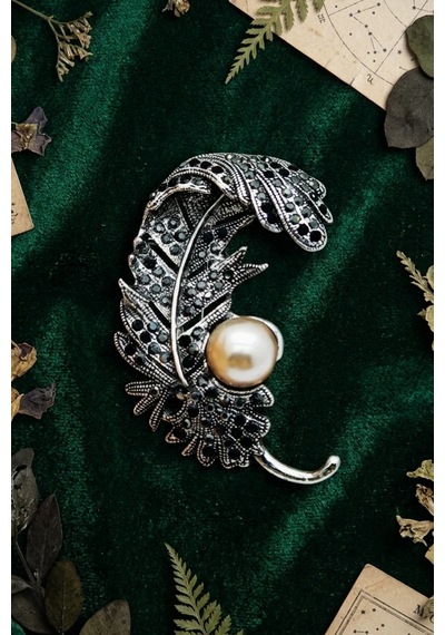 İncili Siyah Taşlı Tüy Broş Antik Gümüş Renk Vintage Yaka İğnesi Çok Renkli