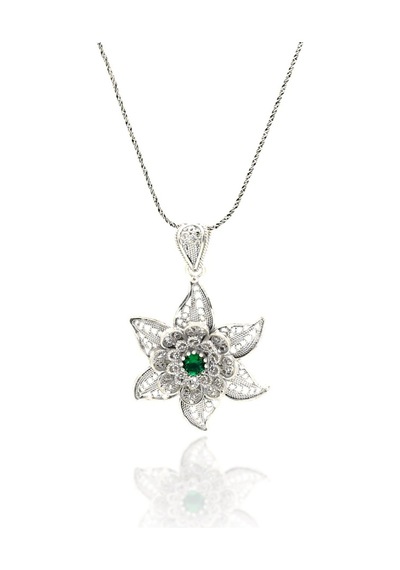 Zümrüt Taşlı Lotus Çiçeği Telkari Gümüş Kolye (506088854)