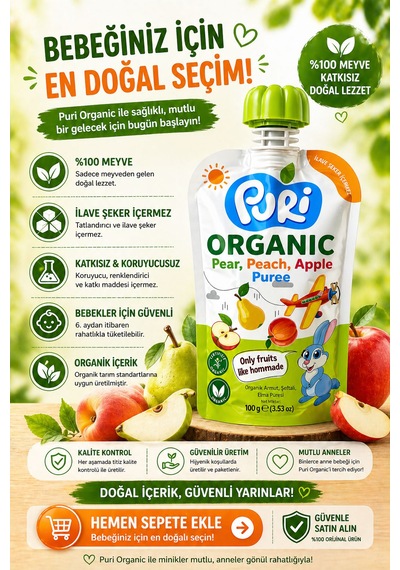 Organic %100 Organik Meyve Püresi Armut - Şeftali Elma 100 G İlave Şekersiz