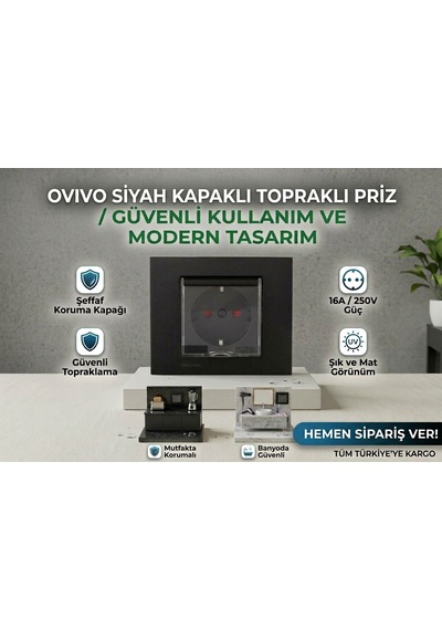 Ovivo Grano Siyah Kapaklı Topraklı Priz Çerçeve + Mekanizma Tam Set