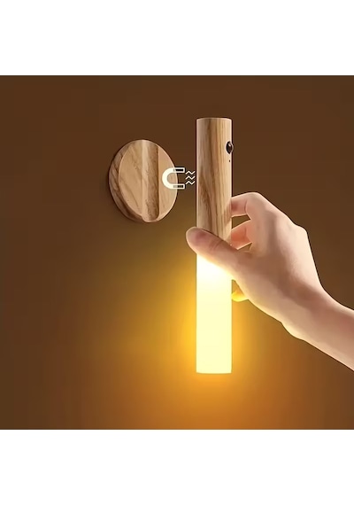 Sensörlü Usb Şarjlı Mıknatıslı Taşınabilir Duvar Aplik Masa Lambası Ahşap Görünümlü Gün Işığı Ahşap