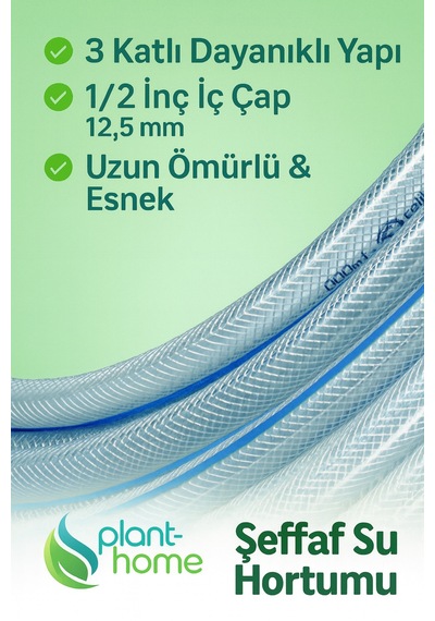 Şeffaf Su Hortumu 15 Metre 1/2 İnç 3 Katlı Pvc Bahçe Sulama Hortum