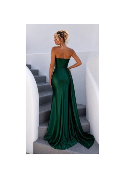 Butik İstanbul Kadın Yırtmaçlı Uzun Saten Elbise Zümrüt