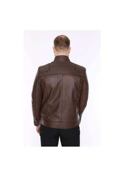 Hakiki Kuzu Derisi Fermuarlı İşlemeli Erkek Deri Ceket Kahverengi Kahverengi
