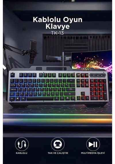 Oyuncu Klavyesi Rgb Işıklı Mekanik Ergonomik Kablolu Klavye Tk13