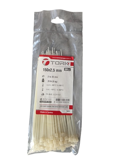Tork 150x2,5 Mm Plastik Kablo Bağı Beyaz 100 Adet