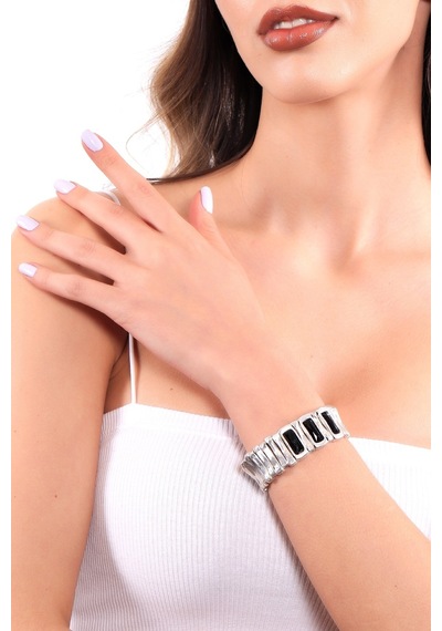Kadın Antik Gümüş Kaplama Çubuk Parçalı Siyah Renk Swarovski Taş Detaylı Lastikli Bohem Bileklik Siyah