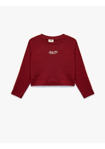 Koton Uzun Kollu Viskon Karışımlı Biyeli Bisiklet Yaka Baskılı Sweatshirt Bordo 7wkg10355ak