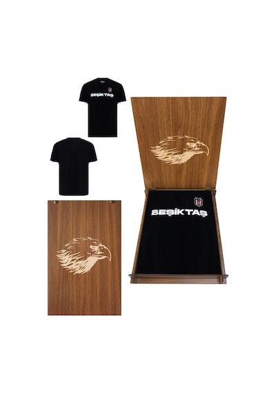 Beşiktaş Lisanslı Yazılı Logolu Siyah T-shirt Kartal Ahşap Kutulu Siyah - Beyaz