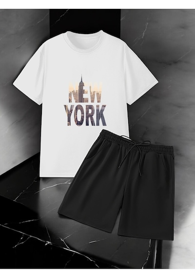 Uyguntarz Unisex New York Tasarım Basklı Tshirt Şort Takımı Beyaz