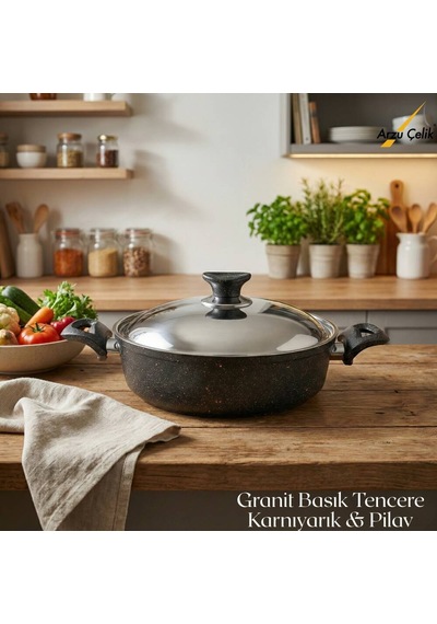 26 Cm Granit Karnıyarık & Pilav Tenceresi Çelik Kapak - Siyah Siyah