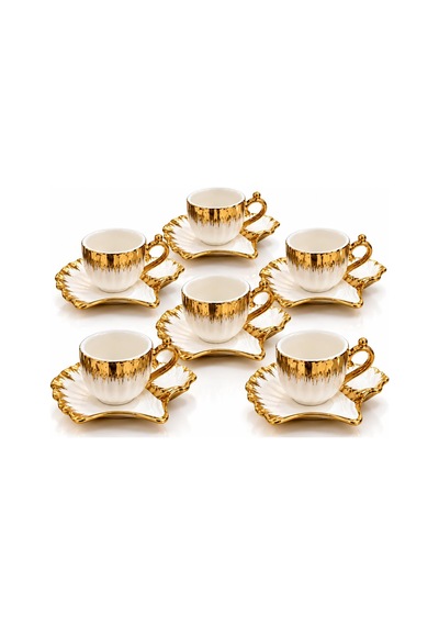 Valkyrie 6 Kişilik 12 Parça Gold Fiyonklu Porselen Türk Kahvesi Fincan Seti 80 Ml Kutulu Beyaz Altın