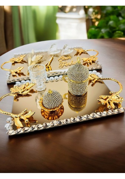 Amour Gold Lüks Swarovski Söz Nişan Tepsisi Kırmızı Kırmızı