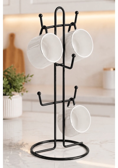 Metal Kupa Askılığı 6 Lı Siyah Fincan Standı, Tezgah Üstü Bardak Tutucu Sunumluk