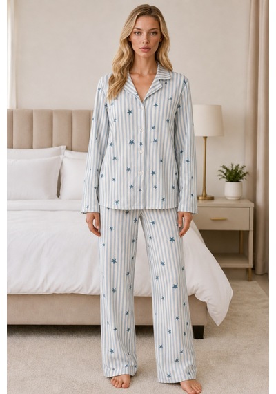 Womanandkids Mavi Kadın Casual Esnek Bol Pijama Takımı 4671