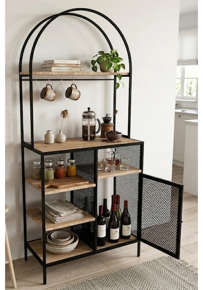Capella Kahve Köşesi Standı & Çok Amaçlı Mutfak Dolabı - Tel Kapaklı Siyah 80x180cm