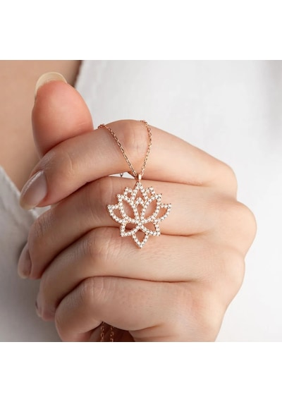 Vaoov 925 Ayar Gümüş Taşlı Lotus Kolye Rose