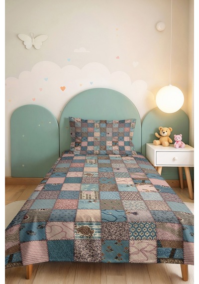Mavi Patchwork Genç Odası Tek Kişilik Pike Takımı-pastel Geometrik 160x220 Cm Kapitone Yatak Örtüsü Mahmur Kekik Kuşağı