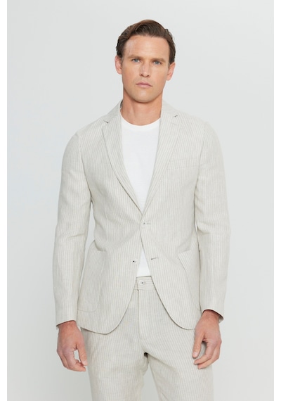AC&Co / Altınyıldız Classics Erkek Bej %100 Keten Slim Fit Dar Kesim Mono Yaka Diagonal Desenli Torba Cepli Takım Elbise Bej