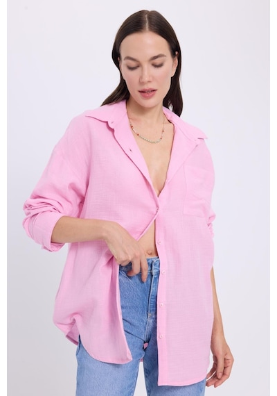 Tudors Kadın Oversize Geniş Kesim %100 Pamuk Müslin Kumaş Uzun Kollu Cepli Dokulu Lila Gömlek-37930 Lila