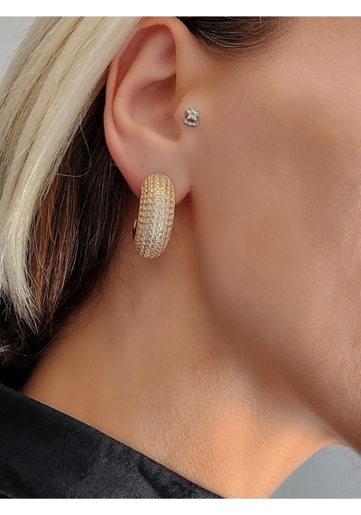 Yarım Halka Boru Model Full Taşlı Elegant Altın Kaplama Gold Renkli Çelik Küpe Gold