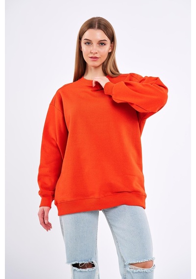 Mmetalic Turuncu Kadın Pamuklu Oversize Basic Bisiklet Yaka Sweatshirt 001